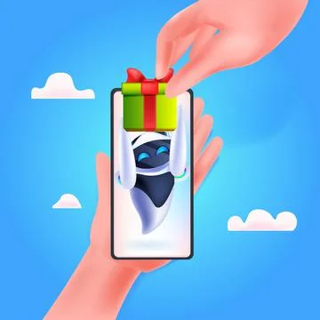 Modern robot with wrapped gift box on smartphone screen birthday or holiday Illustrazione stock