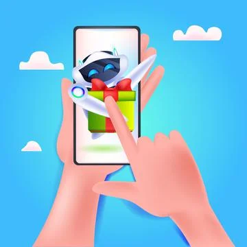 Modern robot with wrapped gift box on smartphone screen birthday or holiday 스톡 일러스트