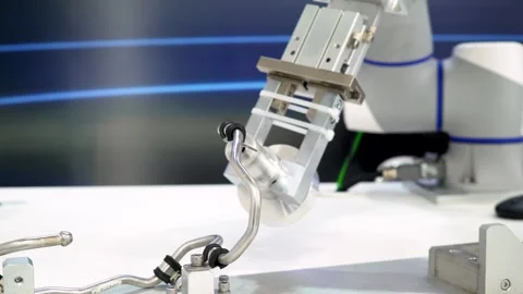 Modern robotic arm tightens nuts on bent metal pipe at an advanced manufacturing Stock Footage 310884962