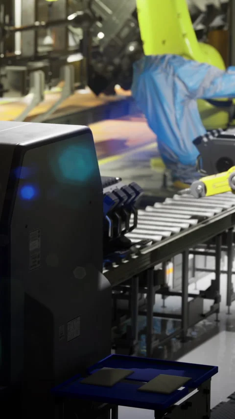 Modern robotic arm working on a production line in a busy factory setting Stock Footage 341394512