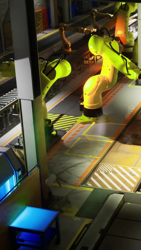 Modern robotic arms at work in a high tech manufacturing facility Stock Footage 341392215