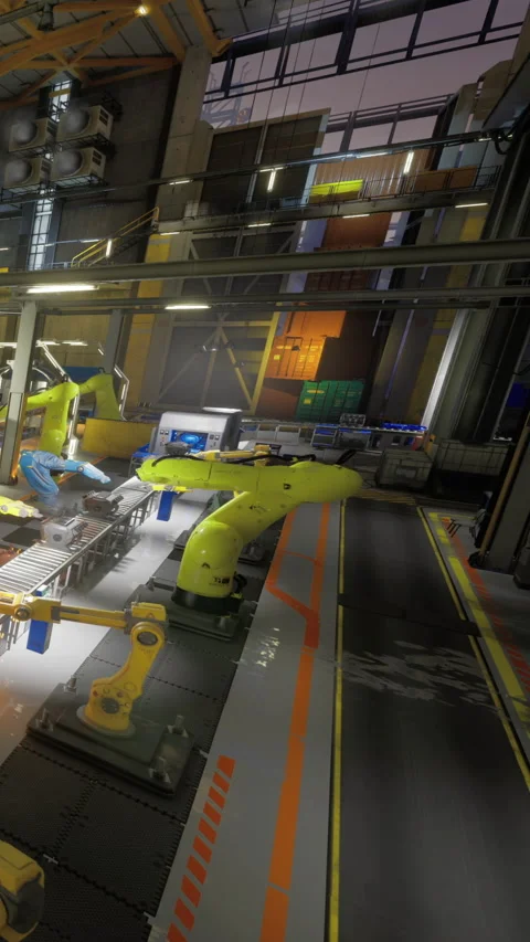 Modern robotic assembly in a high tech industrial facility at dusk Stock Footage 331839173