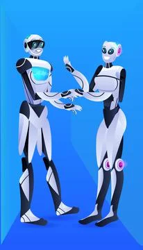 Modern robotic characters shaking hands robots discussing during meeting Stock Illustration