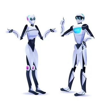 Modern robotic characters standing together robots discussing during meeting Stock Illustration