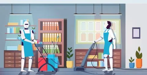 Modern robotic cleaners using vacuum cleaner artificial intelligence technolo Illustrazione stock