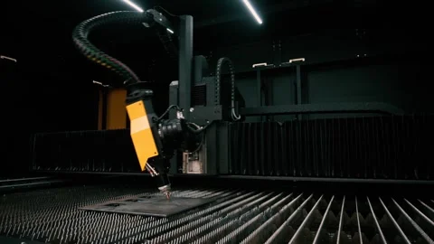 Modern robotic laser cutter precisely processing metal sheet Video stock 310932117