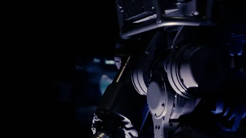 Modern Robotic Technologies. Full body of cyborg machine in darkness. Stock Footage 111128327