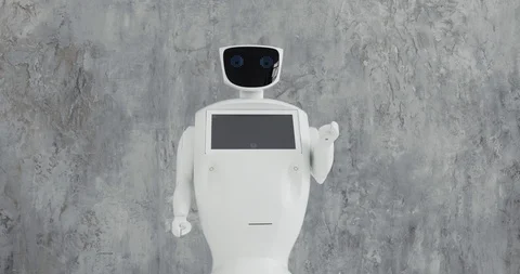 Modern Robotic Technologies. The robot looks at the camera at the person. The Stock Footage 97967425