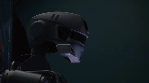 Modern Robotic Technologies. The robot man turning his face. Cyborg machine. Stock Footage 111126400