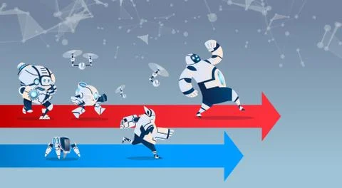 Modern Robots Group Running On Arrow Competition Artificial Intelligence Tech Stock Illustration