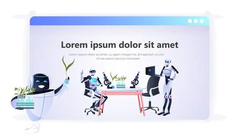 Modern robots holding test tubes with genetically modified plants scientific Stock Illustration