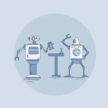 Modern Robots Playing Chess Icon, Futuristic Artificial Intelligence Mechanism Illustrazione stock