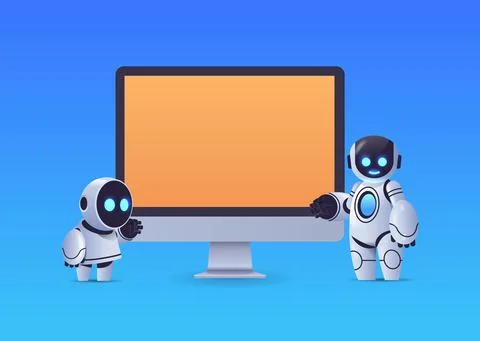 Modern robots standing near computer monitor with blank screen robotic character Stock Illustration