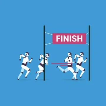Modern robots team competing run to finish line artificial intelligence Stock Illustration