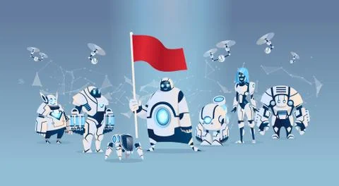 Modern Robots Team Hold Flag Artificial Intelligence Technology 스톡 일러스트
