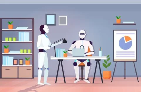 Modern robots team using laptop robotic coworkers brainstorming at workplace  Illustrazione stock