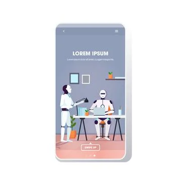 Modern robots team using laptop robotic coworkers brainstorming at workplace Stock Illustration