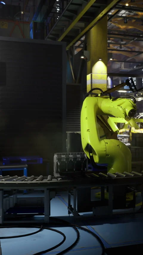 Modern robots work efficiently in a vibrant industrial factory setting Stock Footage 331834885