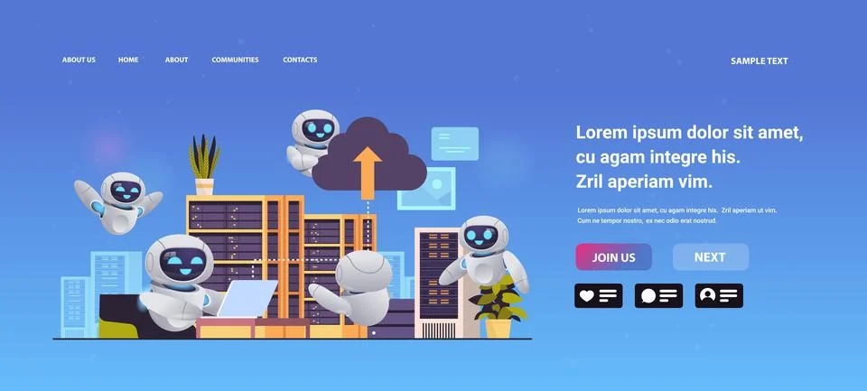 Modern robots working in data center room hosting server computer monitoring  Stock Illustration