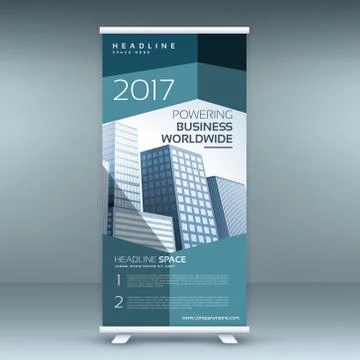 Modern roll up presentation banner template with blue shapes Stock Illustration