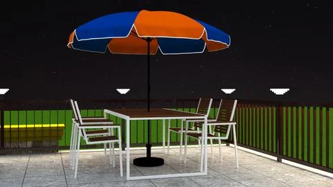 Modern Rooftop Patio Dining Set with Umbrella at Night 3D Architectural Render Stock Illustration