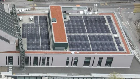Modern rooftop solar panels renewable energy concept aerial view Stockbeeldmateriaal 332692262