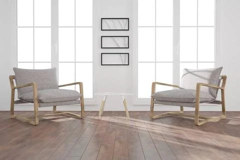 Modern room with armchair,table and frames with branches.jpg Modern interi... Stock Photos