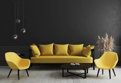 Modern room interior background with black wall and stylish yellow sofa and d Illustrazione stock