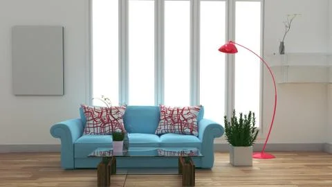 Modern room interior with blue sofa and table and lamp on white room .3D rend Stock Illustration