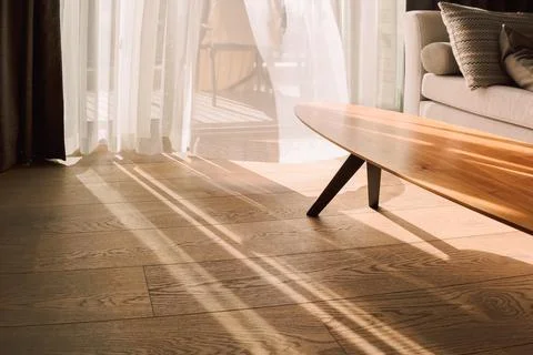 Modern room interior with an open window in minimal style. Transparent tulle  Stock Photos
