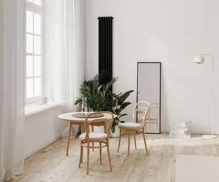 Modern room interior with white wall and wooden floor, dining table near wind Stock Illustration