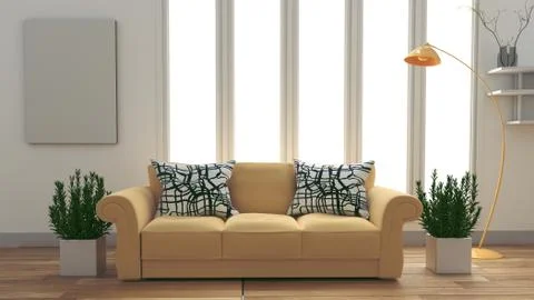 Modern room interior with yellow sofa and plants on white room. 3D rendering Stock Illustration