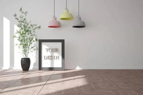 Modern room with lamp, frames and plant in black pot.jpg Modern interior d... Stock Photos