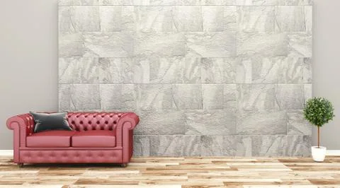 Modern room stone tile wall on floor wooden. 3D rendering Stock Illustration