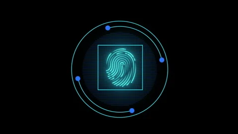 Modern rotating fingerprint scanner on black background with Alpha Matte Stock Footage 335432801