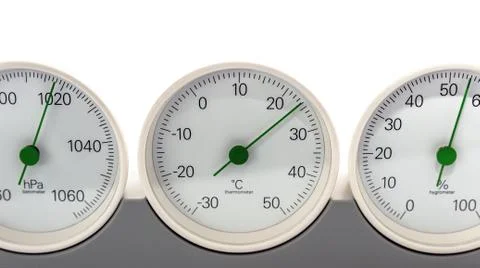 Modern, round barometer, thermometer, hygrometer. Analog device for measuring Stock Photos