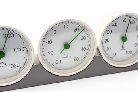 Modern, round barometer, thermometer, hygrometer. Analog device for measuring Foto stock