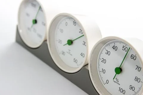 Modern, round barometer, thermometer, hygrometer. Analog device for measuring Stock Photos