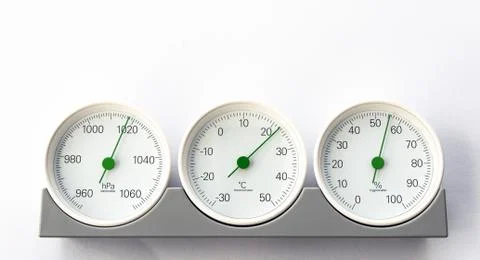 Modern, round barometer, thermometer, hygrometer. Analog device for measuring Stock Photos