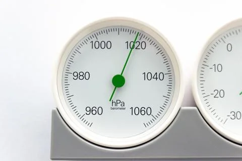 Modern, round barometer, thermometer, hygrometer. Analog device for measuring Stock Photos