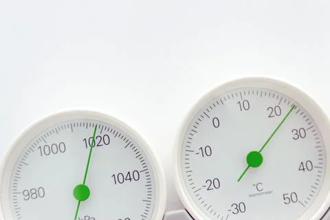 Modern, round barometer, thermometer, hygrometer. Analog device for measuring Stock Photos