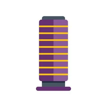 Modern round skyscraper standing tall with purple and yellow stripes Ilustración de archivo