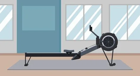 Modern rowing machine inside a bright indoor gym. cardio rowing equipment o.. 스톡 일러스트