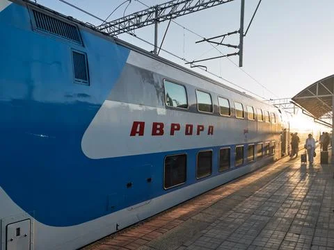Modern Russian Train Aurora at Sunset Stock Photos