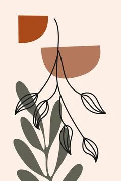 Modern Rust Botanical Leaf Illustration with Abstract Organic Shapes Stock Illustration