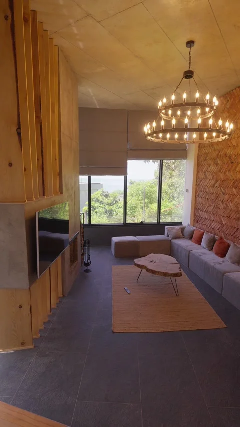 Modern rustic cozy house interior with fireplace and large windows Stock Footage 276621306