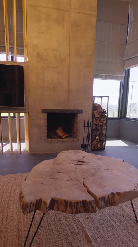 Modern rustic cozy house interior with fireplace and large windows Stock Footage 276621739