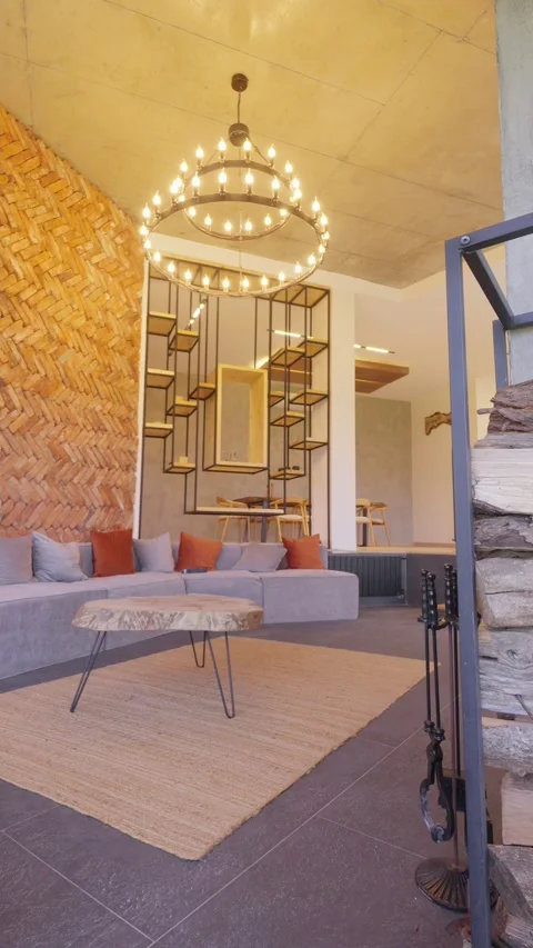 Modern rustic cozy house interior with fireplace and large windows Stock Footage 276621754