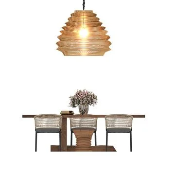 Modern Rustic Dining Table Set with Warm Pendant Lighting – 3D Render Stock Illustration
