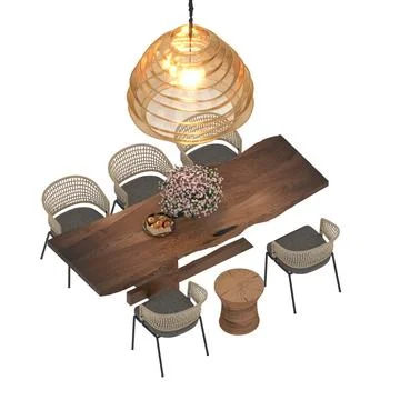 Modern Rustic Dining Table Set with Warm Pendant Lighting – 3D Render Illustrazione stock